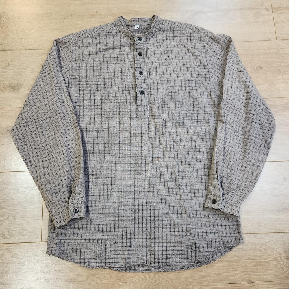 Wah Maker Shirt Mens Medium Brown Check Long Sleeve Band Collar Western Henley